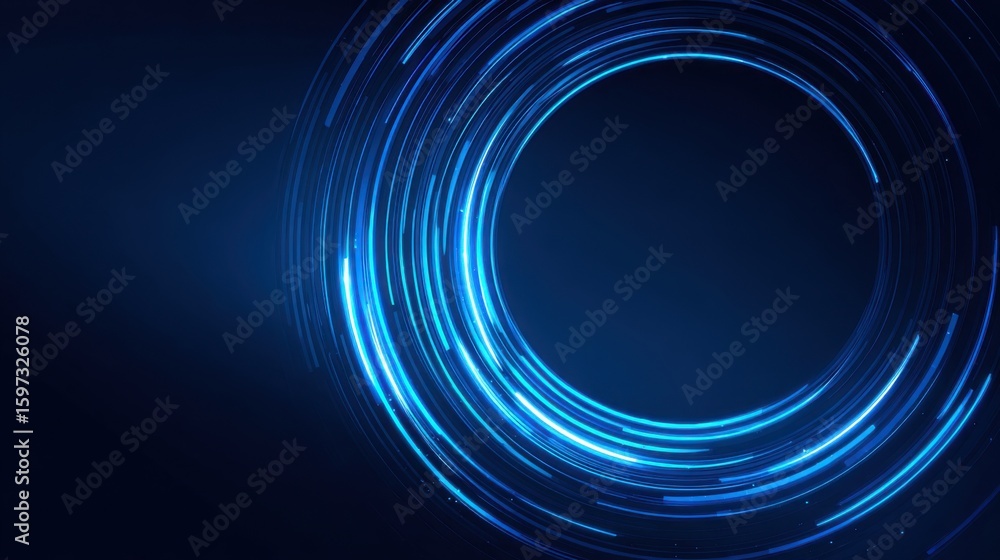 Poster bright blue light trails form circular patterns on a dark background, creating a mesmerizing abstrac