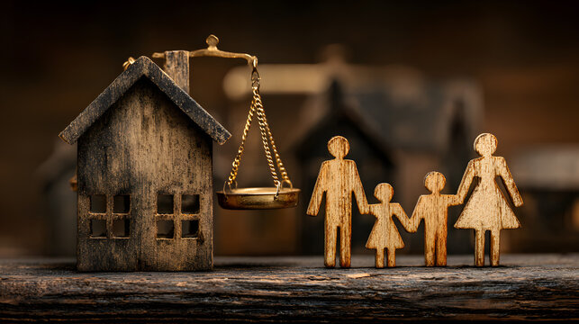 Concept of justice and family balance represented by a scale and figurines in front of a house, symbolizing legal matters and social equity.