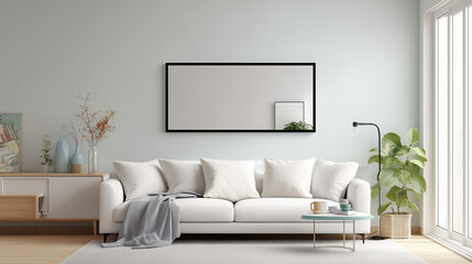 Living room interior with white sofa, blank picture frame, and plant decor