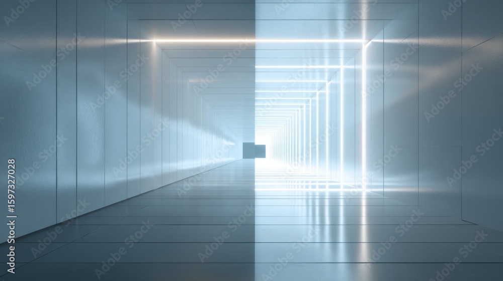 Poster long corridor features contrasting light and shadow with sleek walls and a central illuminated squar
