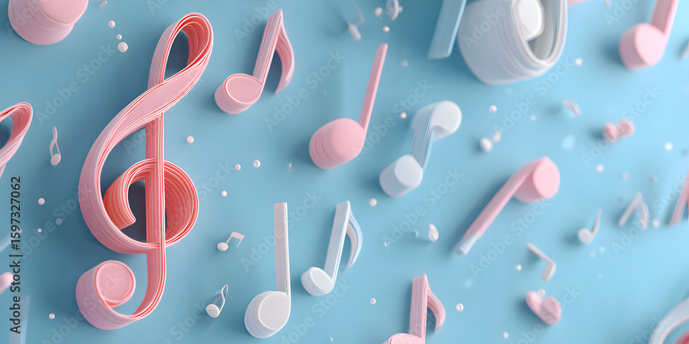 Poster abstract pastel music notes on soft blue background with white space for text - 3d minimalist design