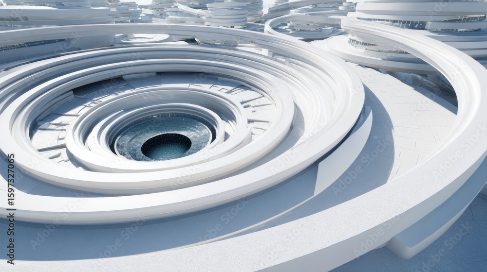 Poster in a futuristic setting, interconnected circular structures create a harmonious urban landscape. the