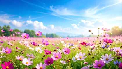 Field of Cosmos Flowers Under Blue Sky