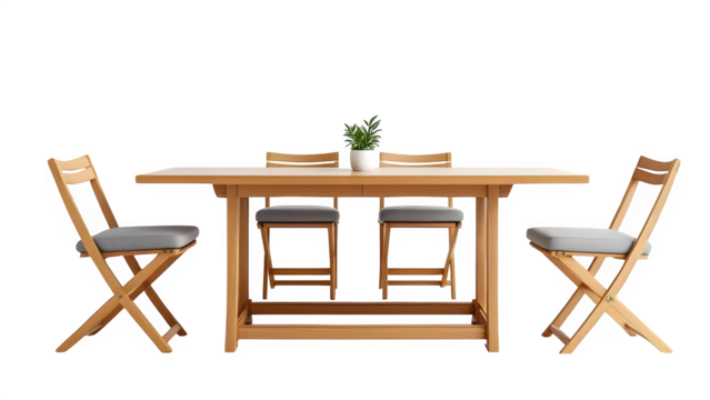 Wooden dining set with folding chairs, isolated on white background
