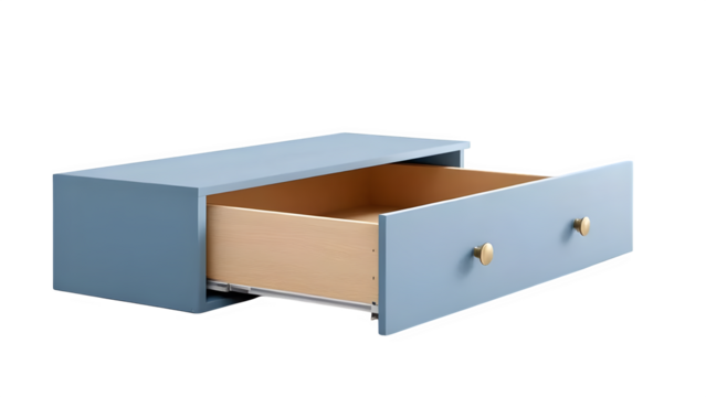 Blue dresser drawer, open, isolated on white background