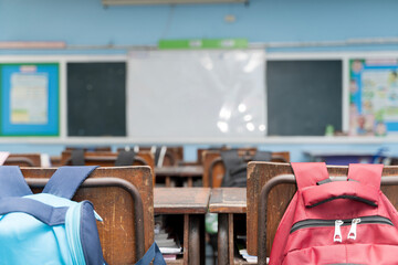 Empty classroom with wooden desks, backpacks on chairs, chalkboard and whiteboard background in school