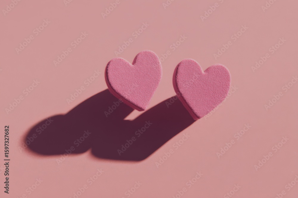 Poster two heart-shaped pink sponges casting soft shadows on a pastel pink surface create a captivating aes