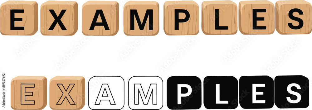 Poster examples concept wooden blocks showing different styles and variations of the word examples on white