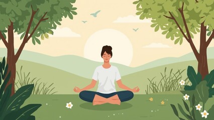 Mindful Meditation A serene illustration of a person meditating outside in nature showcasing the importance of incorporating mindfulness practices into daily routines for improved. Vector illustration