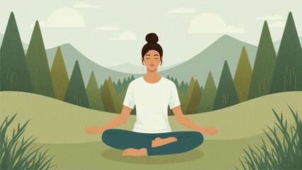 Mindful Meditation A serene illustration of a person meditating outside in nature showcasing the importance of incorporating mindfulness practices into daily routines for improved. Vector illustration