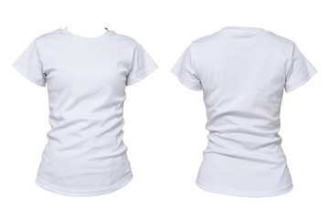 Front and back view of blank white t-shirt isolated on white background, fashion clothing mockup...