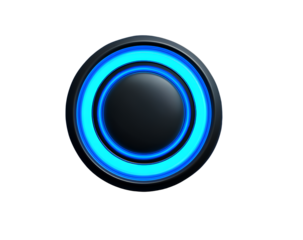 Glossy 3D Power Button in Electric Blue with Inner Glow, Front View, Transparent Background