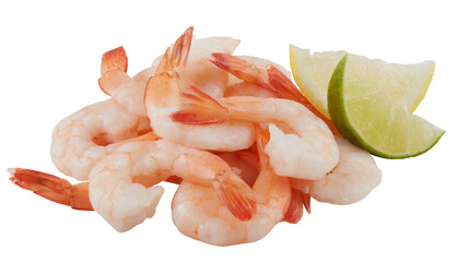 Fresh shrimp with lime cut out isolated transparent background
