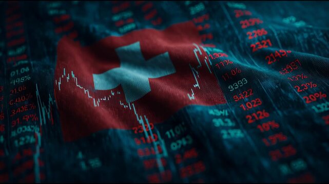 Swiss Flag with Waving Digital Stock Market Data Overlay, Representing Economic Performance and Financial Growth