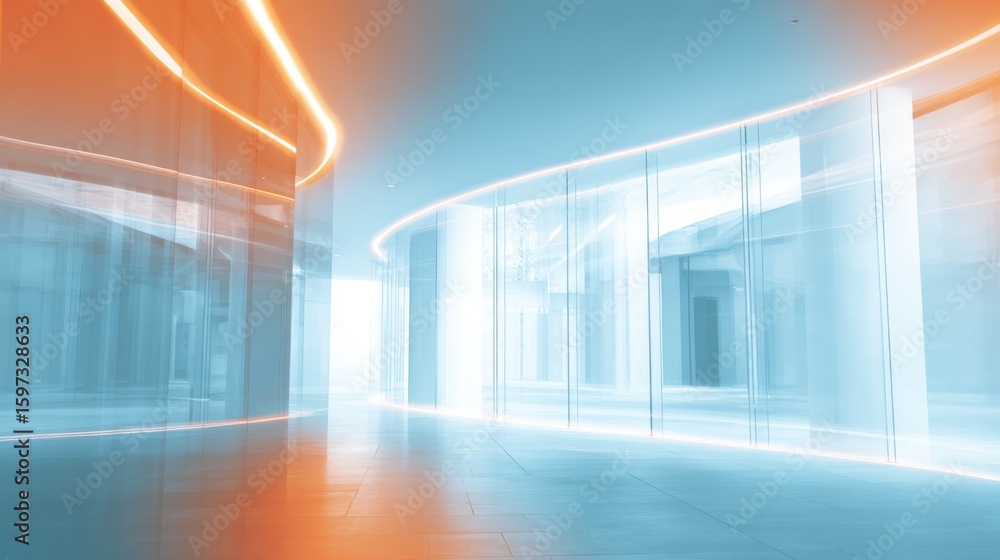 Poster a bright corridor features smooth glass walls and soft neon lighting. the design showcases modern ar