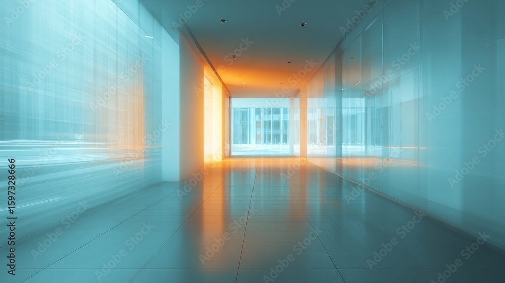 Poster a corridor in a contemporary building features smooth, reflective floors and walls, with soft light 
