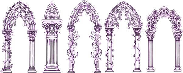 Architectural arch and column set, gothic and classical styles, intricate vine detailing, elegant structural illustration, historical and fantasy design elements, creative template artwork ©  BAKKOR