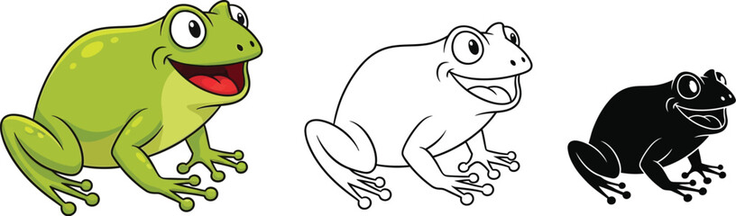 Obraz premium Cartoon frog vector illustration: green frog, outline frog, silhouette frog for kids learning and coloring