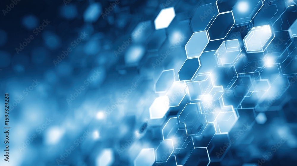 Poster glowing hexagonal shapes create a mesmerizing pattern in deep blue, illustrating a futuristic and di