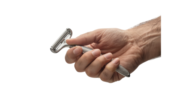Man's Hand Holding a Metal Safety Razor
