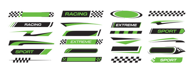 racing sport stripes and flame decals vector set featuring extreme sports flags, stickers for motorbike, car wraps, and competition event branding

