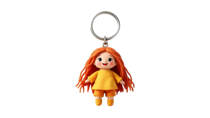 Orange-haired doll keychain, isolated on white background