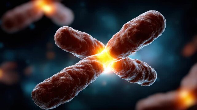 Chromosome structure glowing dark cellular environment highlighting pharmacogenomics precision molecular biology dna genetics