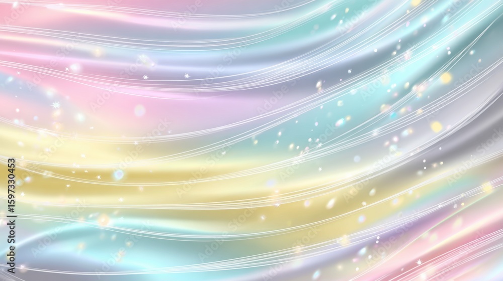 Poster soft pastel colors blend in a swirling pattern with sparkling effects, creating a serene and dreamy 