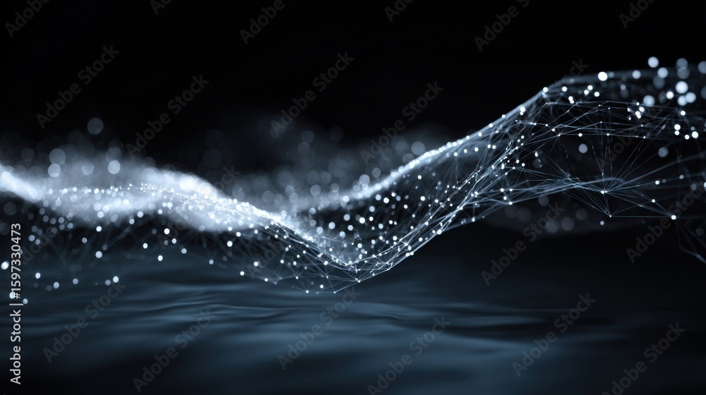 Poster digital waves ripple through a dark space, adorned with sparkling particles and intricate connection