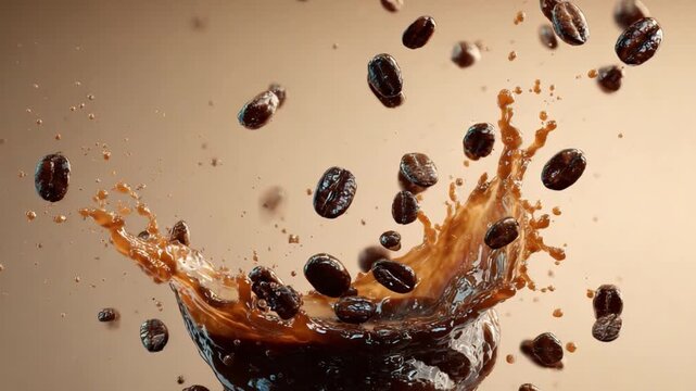 Coffee Splash with Beans: A dynamic composition of freshly roasted coffee beans erupting from a splash of rich coffee, suspended in mid-air. This photo captures the essence of freshness and energy.