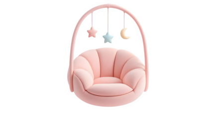 Baby chair with star and moon mobiles 3d rendered, isolated on white background