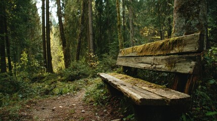 Wooden bench in forest setting