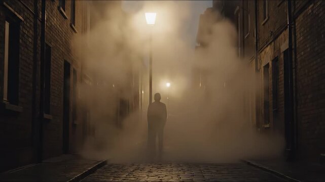 Foggy Alleyway at Night with a Figure Beneath a Lamp Post, The Ghostly Figure in the Foggy Alley, Emotional Lyric Video Backgrounds