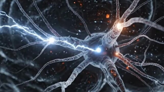 Detailed illustration of a neuron, highlighting nerve impulses and connections.