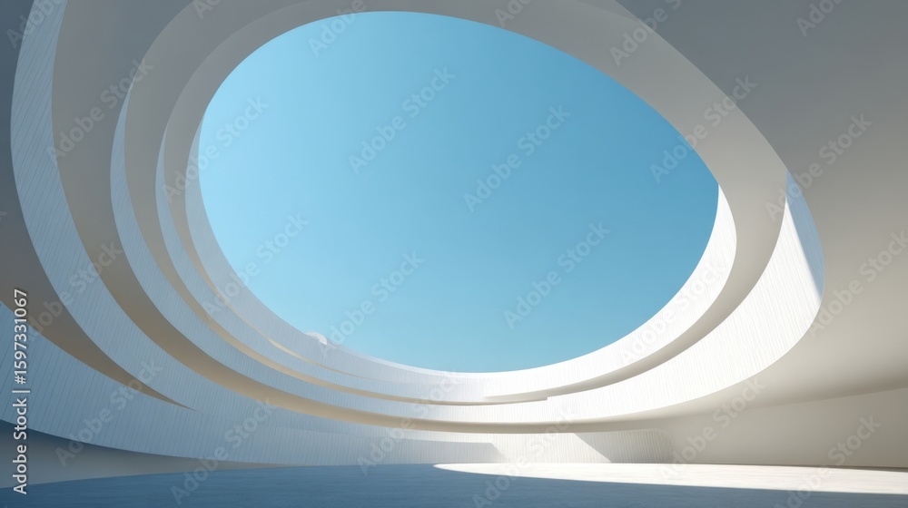 Poster this scene features an innovative structure with multiple circular openings, allowing natural light 