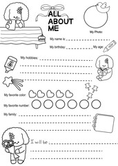 Cute All about me, cute cartoon all about me, education and student, baby shower card, back to school