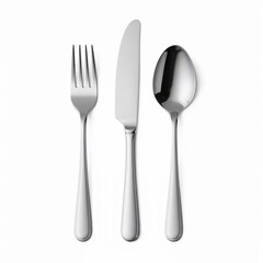 Polished dinner fork, table knife and dessert spoon utensils isolated on white background for kitchenware catalog, cookware branding visuals

