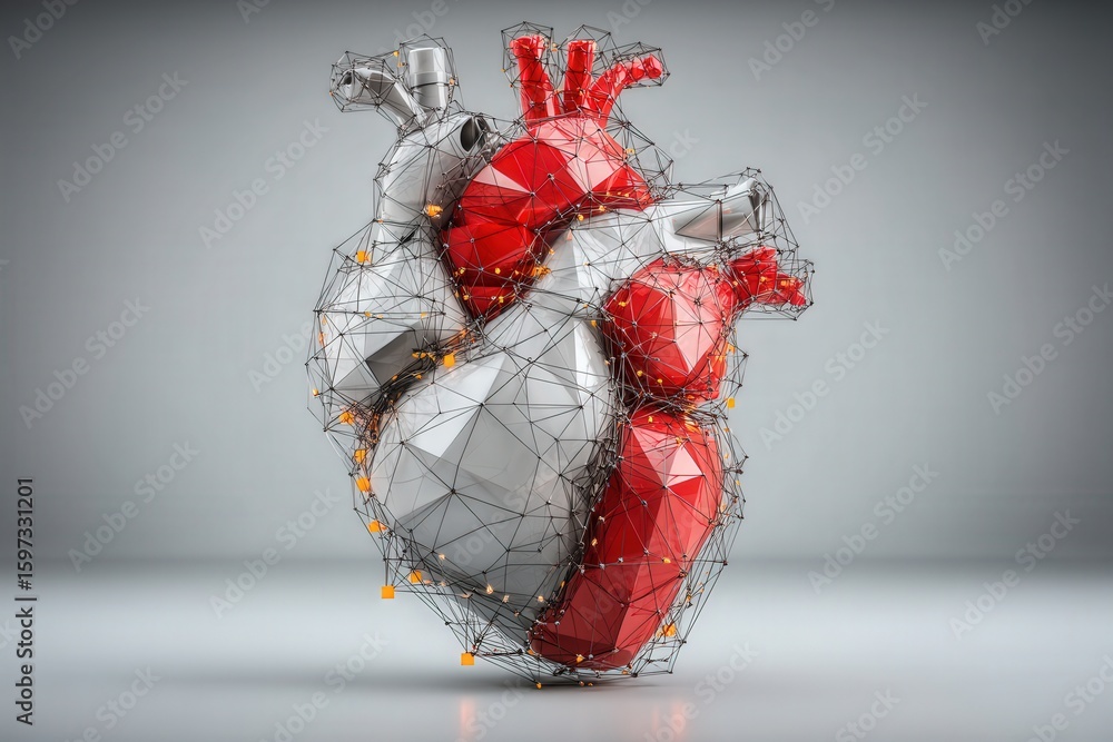 Poster dynamic representation of a human heart structured in geometric mesh showcasing intricate design ele