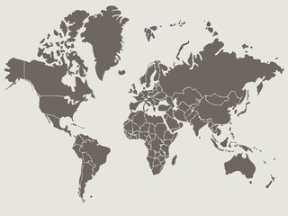 Naklejka premium A world map illustration showing continents and countries in a muted gray color scheme on a light background | editable eps vectors silhouette