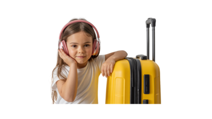 Little Girl with Headphones Leaning on Yellow Suitcase Ready for Travel