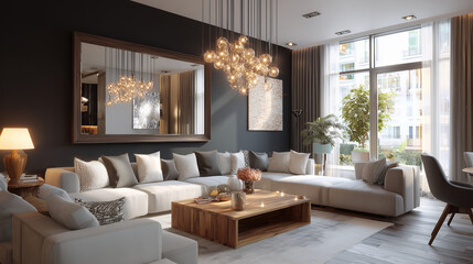 Fototapeta premium Living room with sectional sofa large mirror and modern chandelier lighting decor
