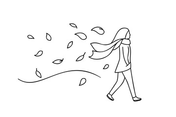 Hand drawn line art a person walking with a scarf blowing in the wind vector