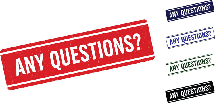 Any questions rubber stamp vector illustration asking for feedback and customer support inquiries now
