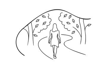 Hand drawn line art a woman walking on a path through trees with leaves vector