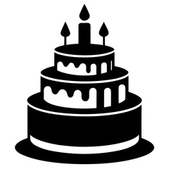 black vector Festive three tier cake silhouette with candles, perfect for birthdays, celebrations, and sweet dessert themed designs and party invitations