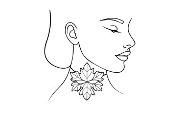 Hand drawn line art portrait a woman with closed eyes maple leaves on her neck face