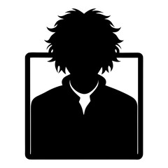 black vector Person avatar silhouette icon with shaggy hair, a symbol for user profile, social media, and online identity, black shape on white