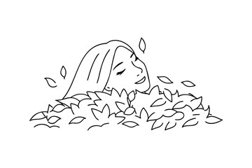 Handdrawn continuous line drawing a woman submerged in leaves with closed eyes face