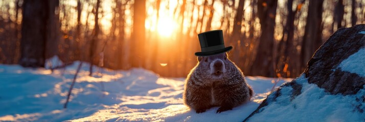 National Pennsylvania Day Groundhog in Snowy Forest Premium Winter Folklore Wildlife with Top Hat for Seasonal Holiday Campaigns and Family Marketing