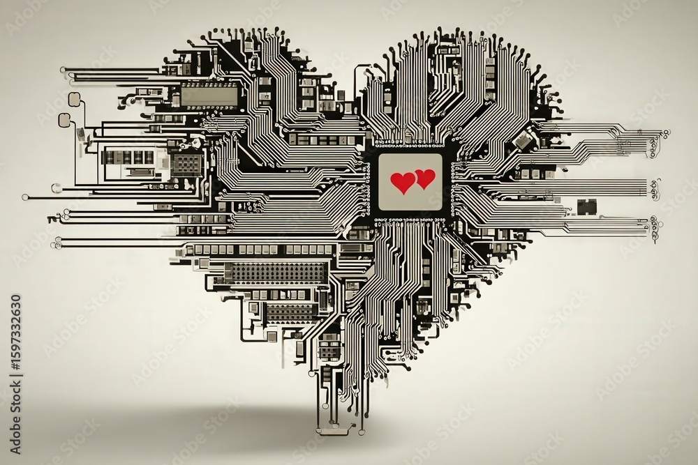 Poster heartfelt connection expressed through intricate circuitry design merging technology and emotion, sy